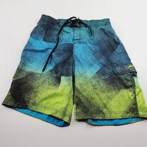 Speedo Swim Trunks Board Shorts Mens Large Blue‎ & Green Built In Brief Swimwear